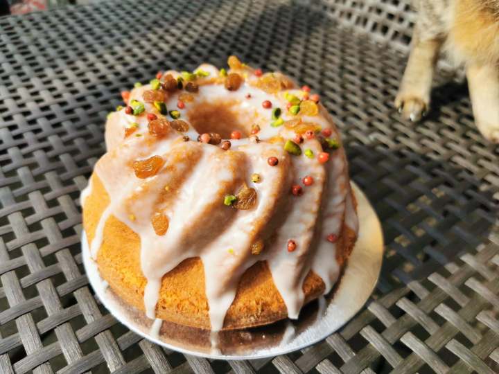 Baba muślinowa z cukierni Lukullus to tradycyjne, luksusowe ciasto drożdżowe wyróżniające się intensywnie żółtym kolorem, puszystą strukturą uzyskaną z 96 żółtek oraz charakterystycznym karbowanym kształtem polanym lukem i posypanym pieprzem i kawałkami pistacji . W tle noga przechodzącego kota