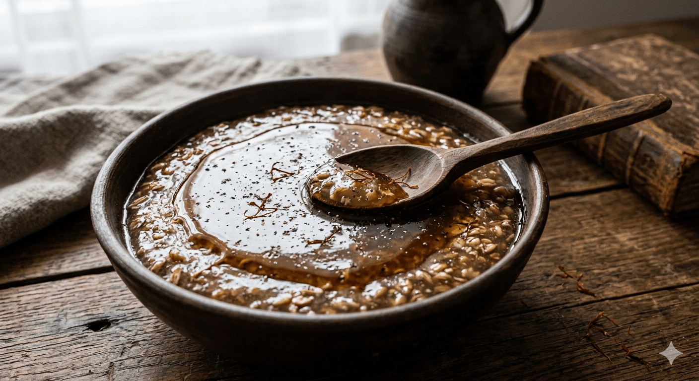 Obraz przedstawia gęsty, postny kisiel na żurze, stężały w glinianej misce i polany syropem miodowym. Całość została doprawiona pieprzem i szafranem. Wszystko w surowej, historycznej estetyce, bez nowoczesnych naczyń.