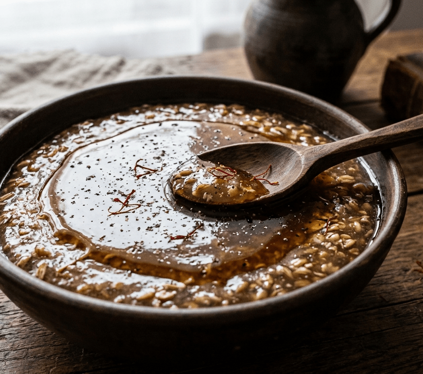 Obraz przedstawia gęsty, postny kisiel na żurze, stężały w glinianej misce i polany syropem miodowym. Całość została doprawiona pieprzem i szafranem. Wszystko w surowej, historycznej estetyce, bez nowoczesnych naczyń.