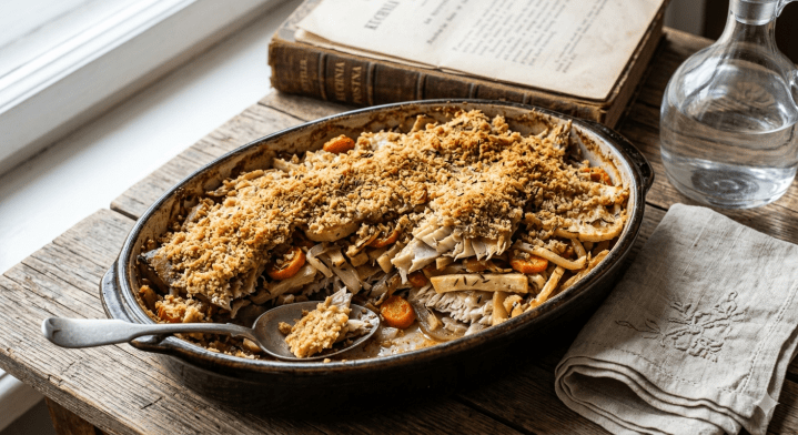 Ilustracja do przepisu Jana Szyttlera na „Szczupaka suszonego sposobem stokfiszu”. Obraz przedstawia apetyczną, rumianą zapiekankę rybną pod chrupiącą pierzynką z bułki tartej, zapiekaną z włoszczyzną (marchewką i pasternakiem) oraz doprawioną kminkiem, dokładnie tak, jak opisywał to XIX-wieczny mistrz kuchni.